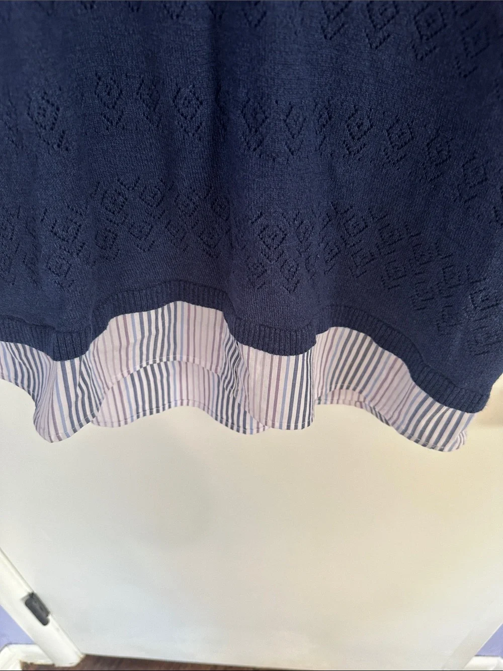 Alfred Dunner Navy Layered-Look Sweater with Striped Shirt Collar Size Medium